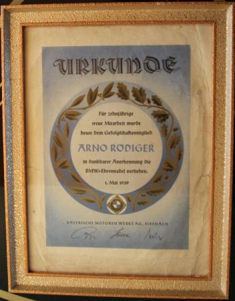 BMW Deed "10 Jahre Gefolgschaftsmitglied" May 1939 framed (8169)